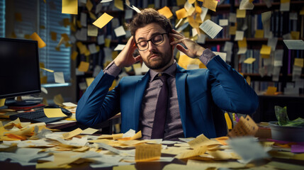 Business man at work covered with sticky notes. Stress, mental health and burn-out - obrazy, fototapety, plakaty