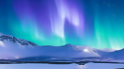 Fototapeta premium Panorama of the northern lights over snowcapped mountains
