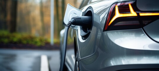 Naklejka premium Electric charger power supply for EV car. Green eco-friendly sustainable energy. Generative AI technology.