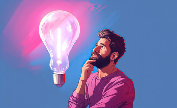 Man pondering new ideas There was a light bulb representing the idea in his imagination.