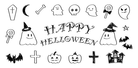 イラスト素材：手書きのシンプルなかわいいハロウィンのイラストセット	
