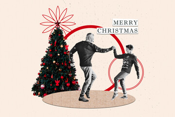 Creative poster collage of dancing mature couple tree decor christmas new year greeting card...