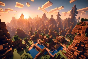 Afwasbaar Fotobehang Minecraft Step into a serene world of a virtual Minecraft morning, with AI-crafted buildings glowing in the gentle light. Our stock photos offer a unique glimpse into this artificial wonderland.