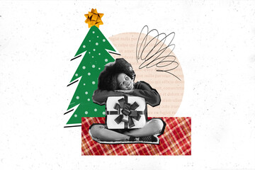 Collage 3d image of retro sketch of cute little girl receive gift christmas new year greeting card template holiday x-mas congratulation