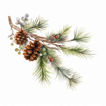 Watercolor Christmas tree branch with a garland of natural pinecones, white background. AI generated