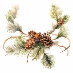 Watercolor Christmas tree branch with a garland of natural pinecones, white background. AI generated