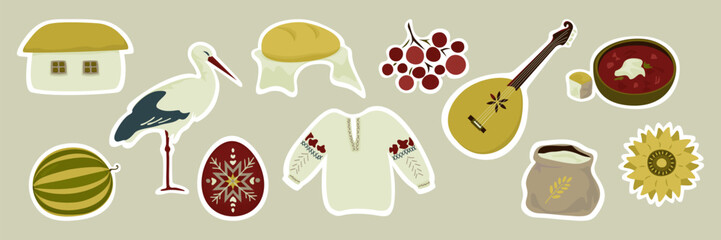 A set of stickers associated with Ukrainian culture in yellow, beige and burgundy colours