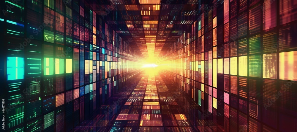 Poster colorful light virtual space technology background. generative ai technology.