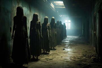 Shadowy figures captured lurking in an abandoned grimly-lit asylum hallway 