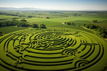 Aerial view of intricate crop circles and patterns on lush farmland 