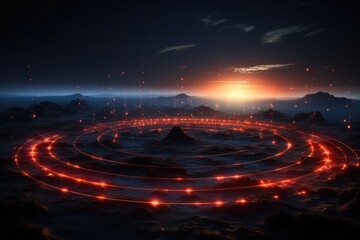 Spiraling energy vortex visualized over ancient ley lines at sunset 