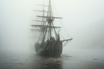 Obraz premium Misty apparition of a phantom ship emerging from a foggy seascape 