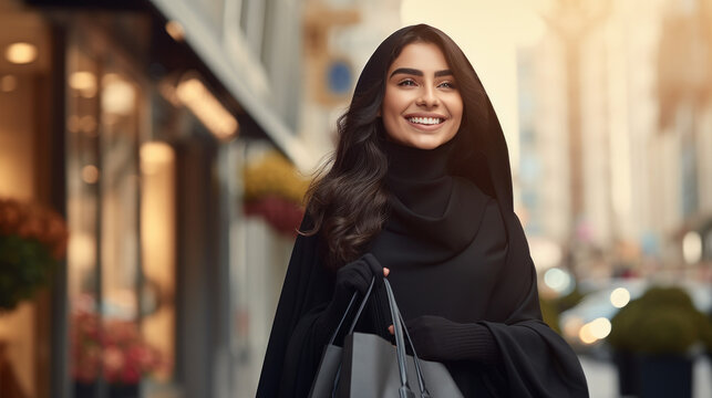 Young Beautiful Arabic Woman Wearing Abaya And Holding A Shopping Bags While Walking On Street