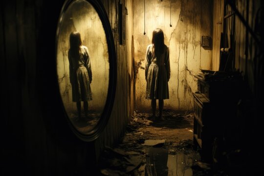 Supernatural figure hauntingly reflected in an old dusty attic mirror 
