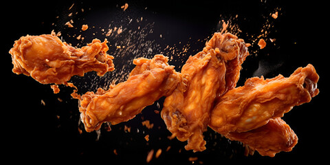 Flying tasty fried chicken wings or strips, Crispy Fried Chicken Strips Soaring Ai Generative

