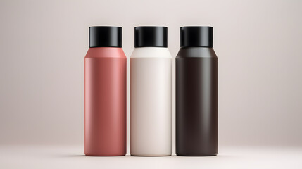 Empty Cosmetic bottles mock up. Soap, lotion, shampoo or shower gel in modern bathroom interior