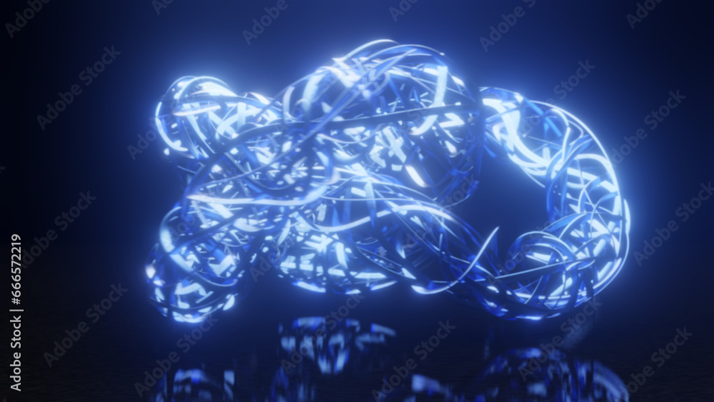 Poster 3d rendering. abstract 3d illustration of a multitude of glowing neon threads tied in knots on a bla