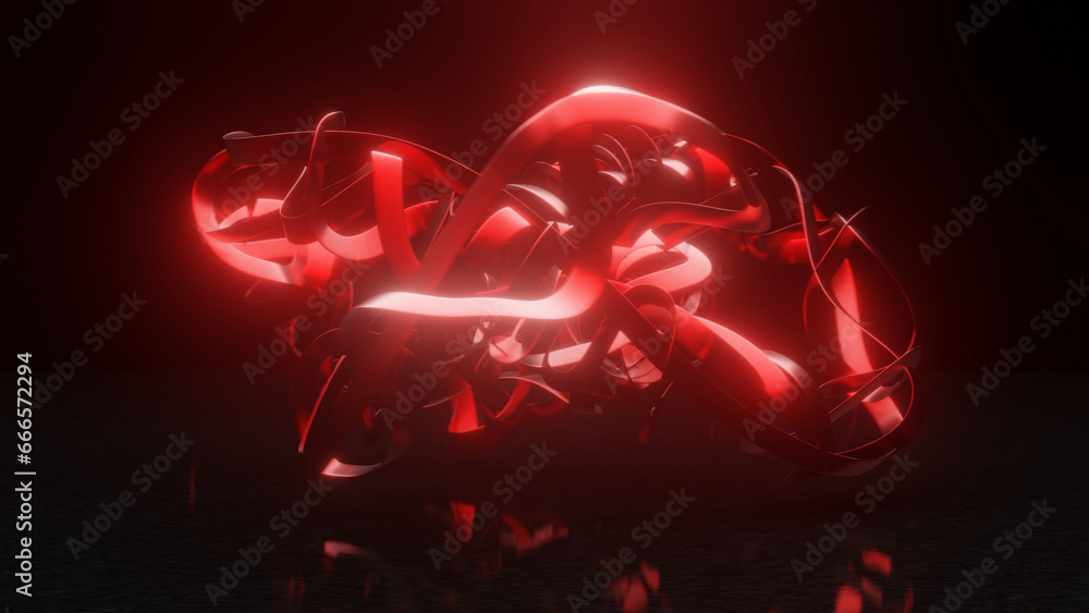 Poster 3d rendering. abstract 3d illustration of a multitude of glowing neon threads tied in knots on a bla