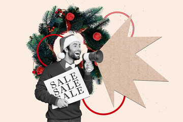 Composite collage image of funny man announce sale wreath decor christmas new year greeting card template holiday x-mas congratulation