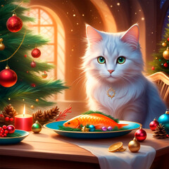 White cat sitting at the Christmas table with a fish and near the Christmas tree.