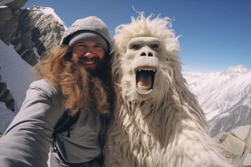Man and yeti doing a selfie in the Himalayas - obrazy, fototapety, plakaty