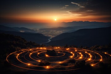 Fototapeta na wymiar Spiraling energy vortex visualized over ancient ley lines at sunset 