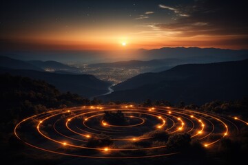 Fototapeta premium Spiraling energy vortex visualized over ancient ley lines at sunset 