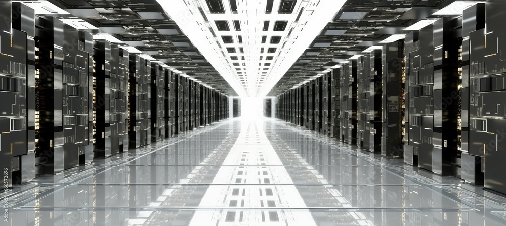 Poster Digital server corridor.  Monochrome color. Generative AI technology.