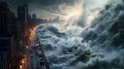 tsunami wave over the city - obrazy, fototapety, plakaty