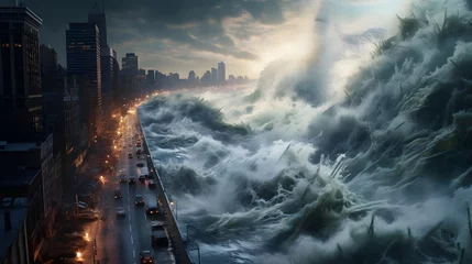 Fotobehang tsunami wave over the city © Andrej