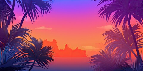 AI Generated. AI Generative. Retro vintage california miami vibe inspired background with tripical palm tree leafes with sunset landscape. Graphic Art