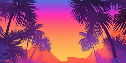Fototapeta na wymiar AI Generated. AI Generative. Retro vintage california miami vibe inspired background with tripical palm tree leafes with sunset landscape. Graphic Art