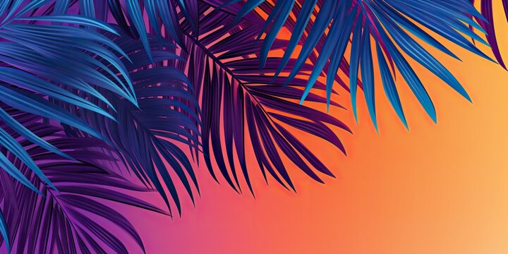 AI Generated. AI Generative. Retro vintage california miami vibe inspired background with tripical palm tree leafes with sunset landscape. Graphic Art