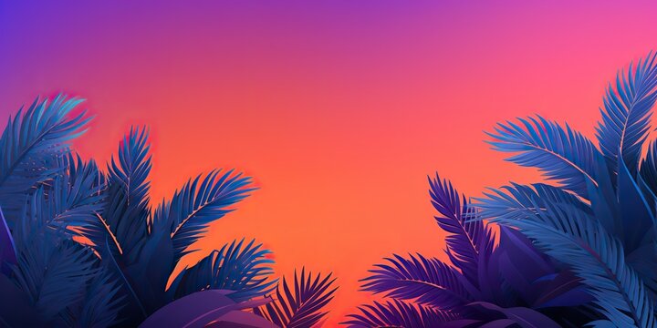 AI Generated. AI Generative. Retro vintage california miami vibe inspired background with tripical palm tree leafes with sunset landscape. Graphic Art