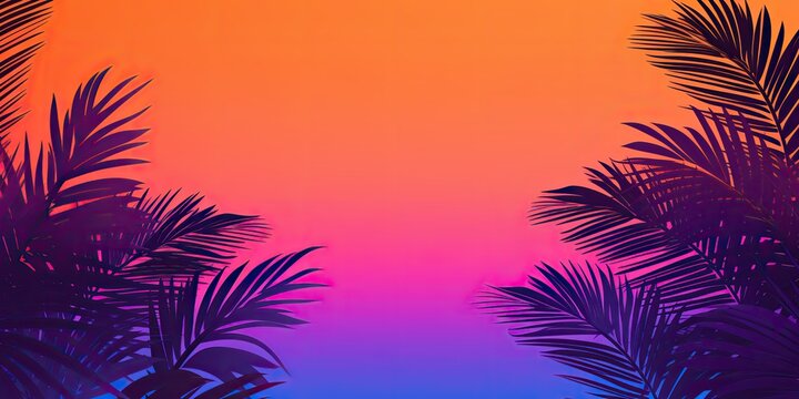 AI Generated. AI Generative. Retro vintage california miami vibe inspired background with tripical palm tree leafes with sunset landscape. Graphic Art