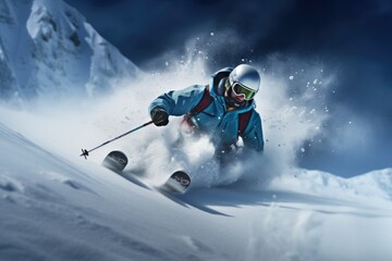 Skier descending a powdery mountain slope.