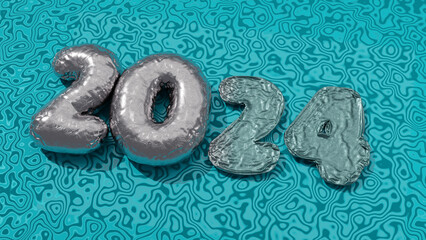3d rendering of the date of the new year 2024. Date made of silver colored balloons. The balls are half deflated.