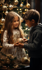 A girl and a boy together decorating a Christmas tree with golden Christmas balls. Realistic photo generated by artificial intelligence.