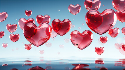 Valentine's day background with heart shaped balloons. 3D rendering. Generative AI technology.