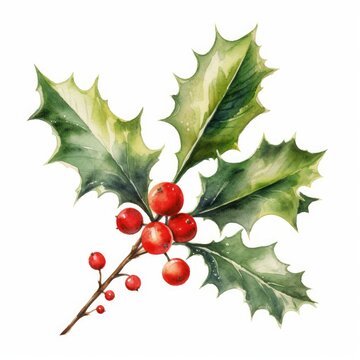 Watercolor of a Christmas tree branch with a garland of festive holly leaves on white. AI generated