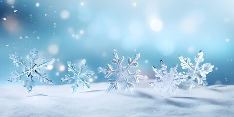 Fototapeta na wymiar Cristal snowflakes on snow - Christmas and Winter background - Natural snowdrift close up with abstract blue lighting blurred background