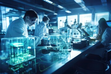 Science, collaboration and scientists working in a laboratory for medical research or analysis together. Biotechnology, pharmaceutical and team of scientific researchers in discussion on biology