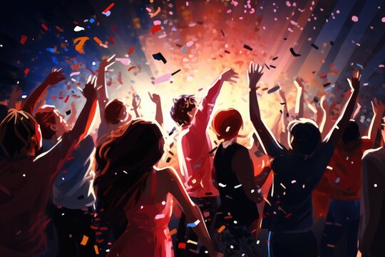 Group of friends having fun at a New Year's party, concert, festival, night-club concept.