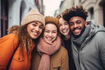 Multiracial group of friends having fun together outdoors on city street- in winter - Young cheerful people walking outside- Next gen z lifestyle concept-Smiling students - obrazy, fototapety, plakaty