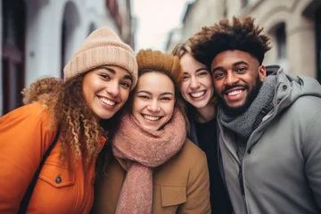 Fotobehang Multiracial group of friends having fun together outdoors on city street- in winter - Young cheerful people walking outside- Next gen z lifestyle concept-Smiling students © The other house
