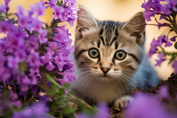 Photo of a small cat playing near a bush adorned with beautiful purple flowers. Generative AI