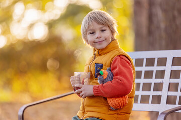 Beautiful blond preschool child, boy, sitting in the park in the morning sunrise, enjoying autumn weather, drinking tea and enjoying the sun