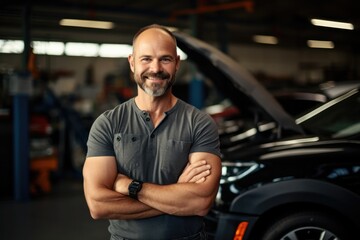 Auto service mechanic man in uniform is standing on the background of car with open hood, smiling and looking at camera. Car repair and maintenance
