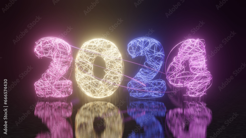 Poster 3d rendering of the date of the new year 2024 from a variety of shining threads of lines. the date o