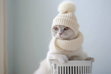 A cat in a knitted hat and scarf sits near the heater radiator. Winter heating season concept.